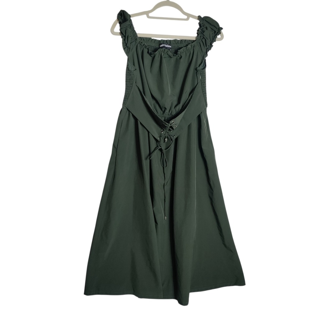 Scarlet Darkness Womens Green Smocked Lace Up Cottagecore Midi Dress Large